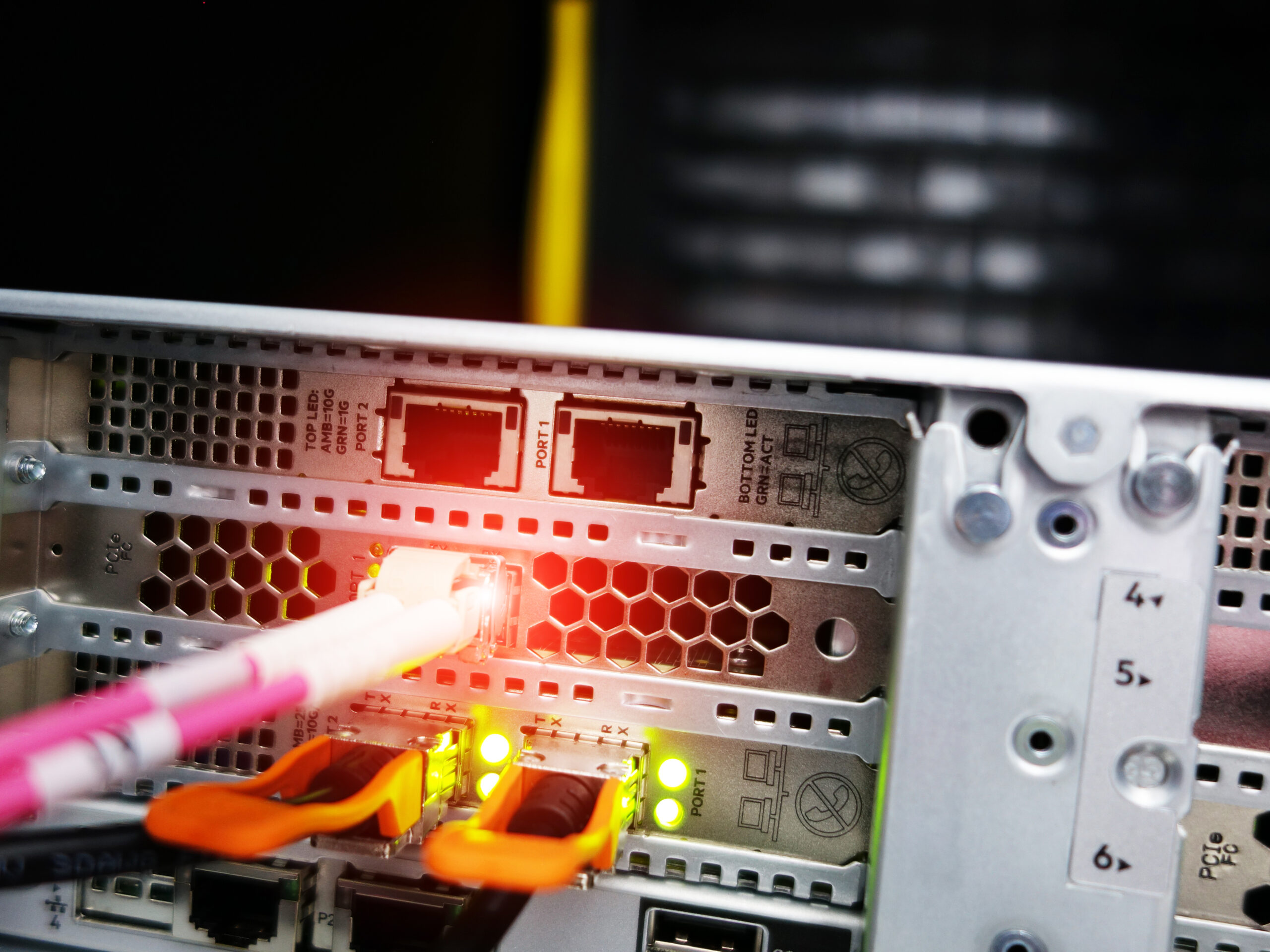 network cables connected to switch - closeup of data center hardware technology